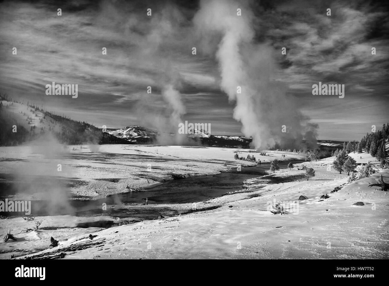 Firehole River and Midway Geyser Basin in winter, Yellowstone National Park, Wyoming. Stock Photo