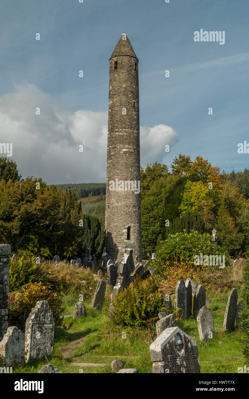 Round Tower at the Glendalough Monastic Site in Wicklow Mountains National Park, Ireland. Stock Photo