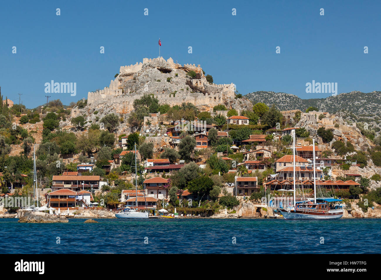 KALEUCAGIZ, TURKEY- OCTOBER 9, 2013: Simena Castle along the Lycian Way. Stock Photo