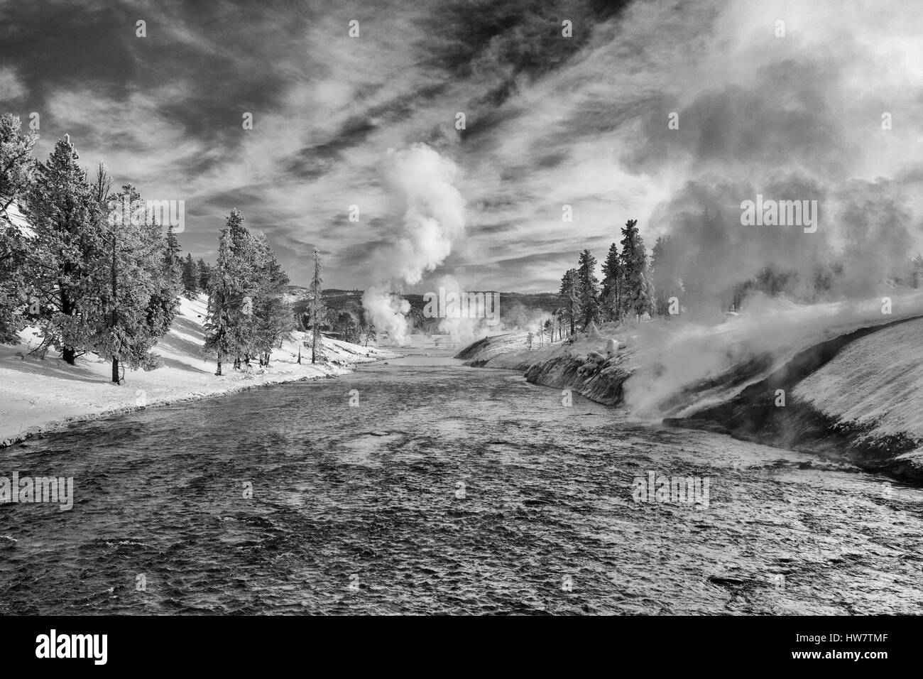 Firehole River and Midway Geyser Basin in winter, Yellowstone National Park, Wyoming. Stock Photo