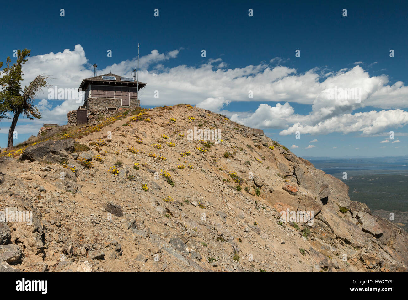 Fire Lookout on top of Mt. Sheridan in Yellowstone National Park, Wyoming. Stock Photo