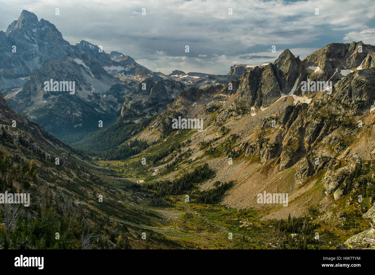 Grand Teton and the North Fork Cascade Canyon from Paintbrush Divide, Grand Teton National Park, Wyoming. Stock Photo