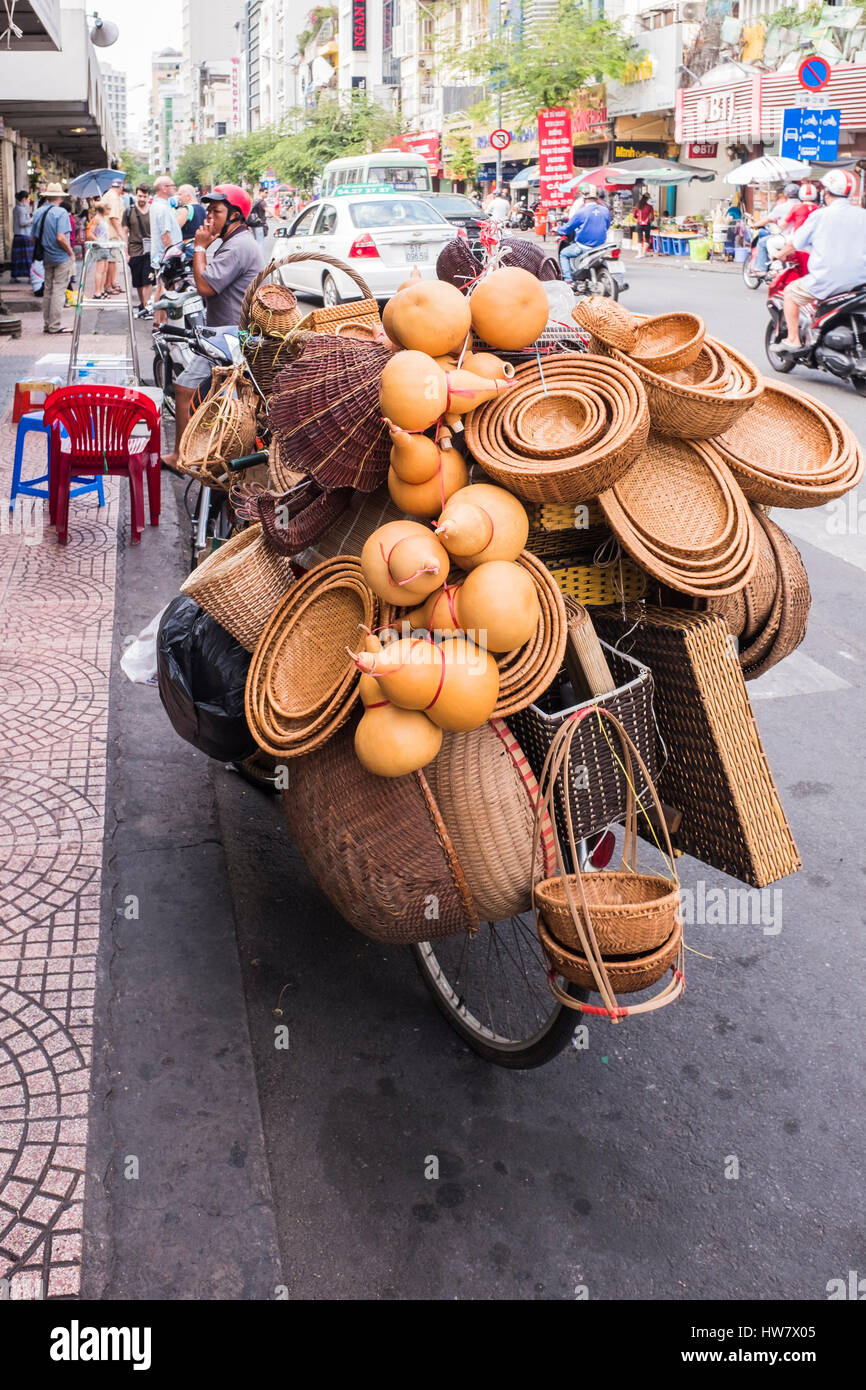 Woven Baskets attached to bicycle, Ho Chi Minh City, Vietnam Stock Photo