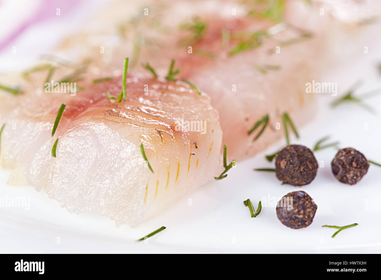 Fillet of a lightly salted grayling closeup Stock Photo