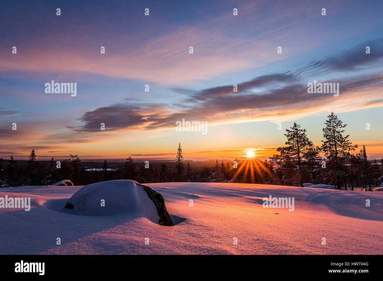 Winter sunrise in Martimoaapa, Finland Stock Photo