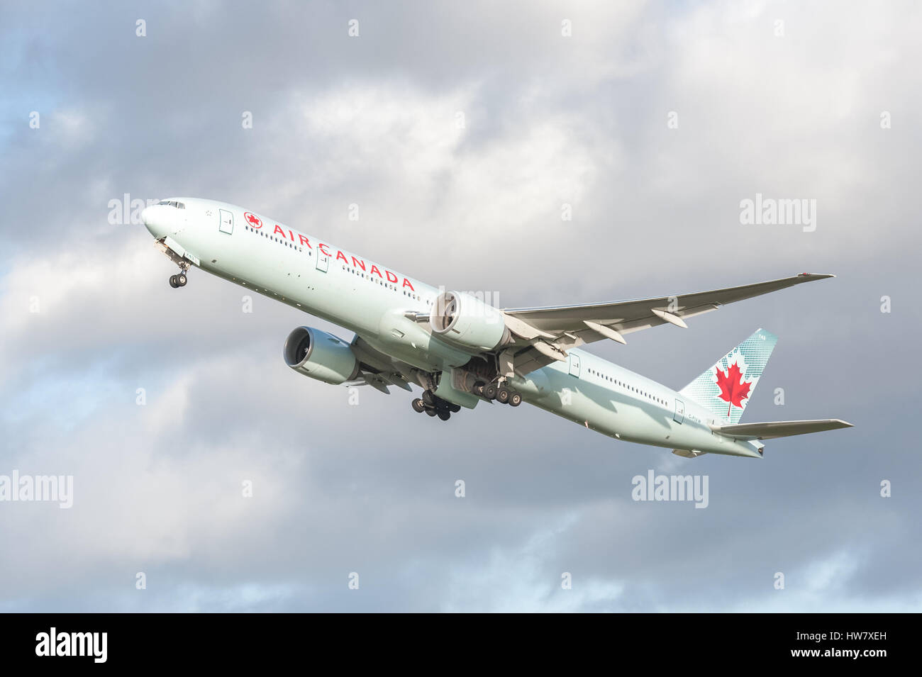 Air Canada Boeing 777-333 (C-FIVW) in arctic green livery, departing Heathrow, UK bound for Vancouver Stock Photo