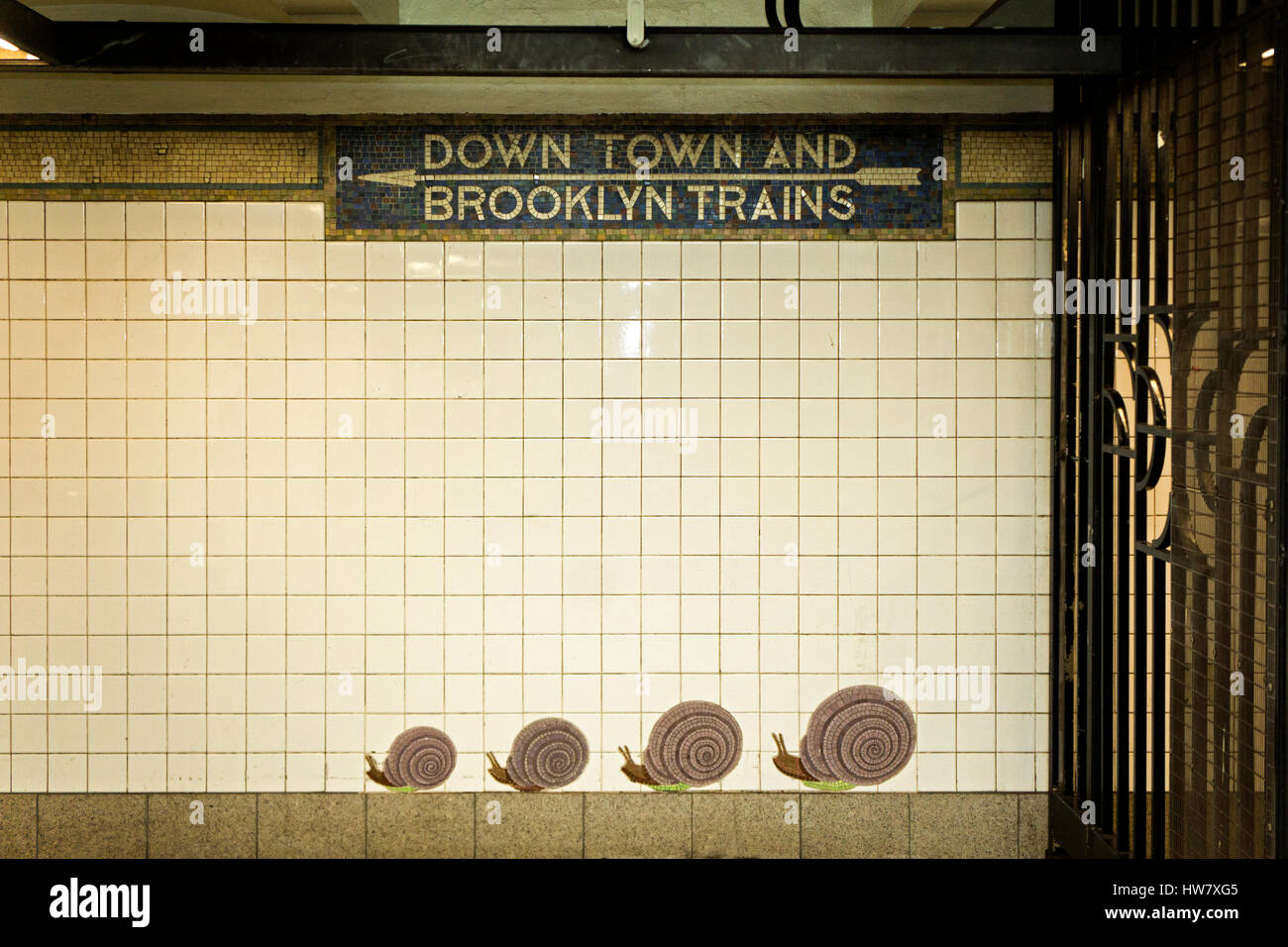 Public art on display at the Fifth Avenue and 59th street R line subway station in New York City. Stock Photo