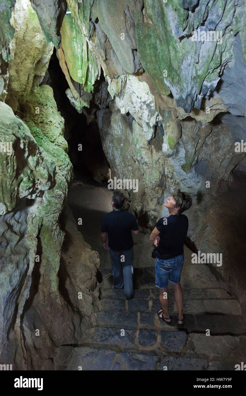 Cuba, Pinar del Rio Province, Vinales, Valle de San Vincente, Cueva del Indio, tourists visiting cave,NR Stock Photo