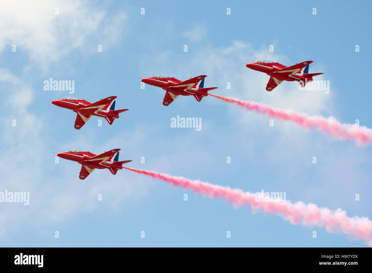 Farnborough, UK - July 15, 2010: Formation flying by part of the Red Arrows aerobatic display team during the Farnborough International Airshow, UK Stock Photo