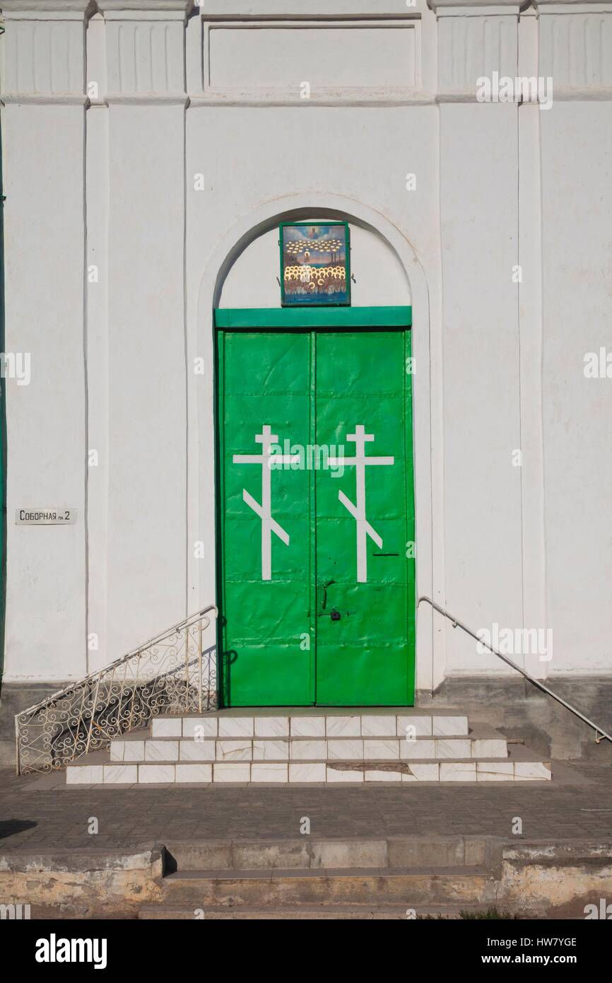 Russia, Pskovskaya Oblast, Pechory, Pechory Monastery, church on Sbornaya Street, Russian Orthodox crosses Stock Photo
