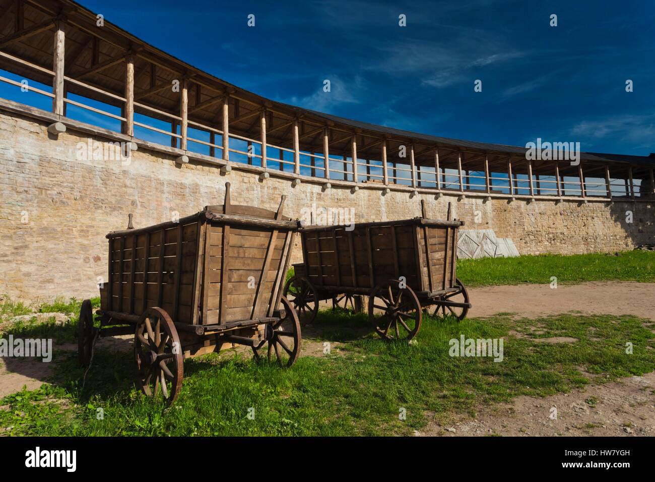 Russia, Pskovskaya Oblast, Stary Izborsk, ruins of the oldest stone fortress in Russia, inner walls Stock Photo