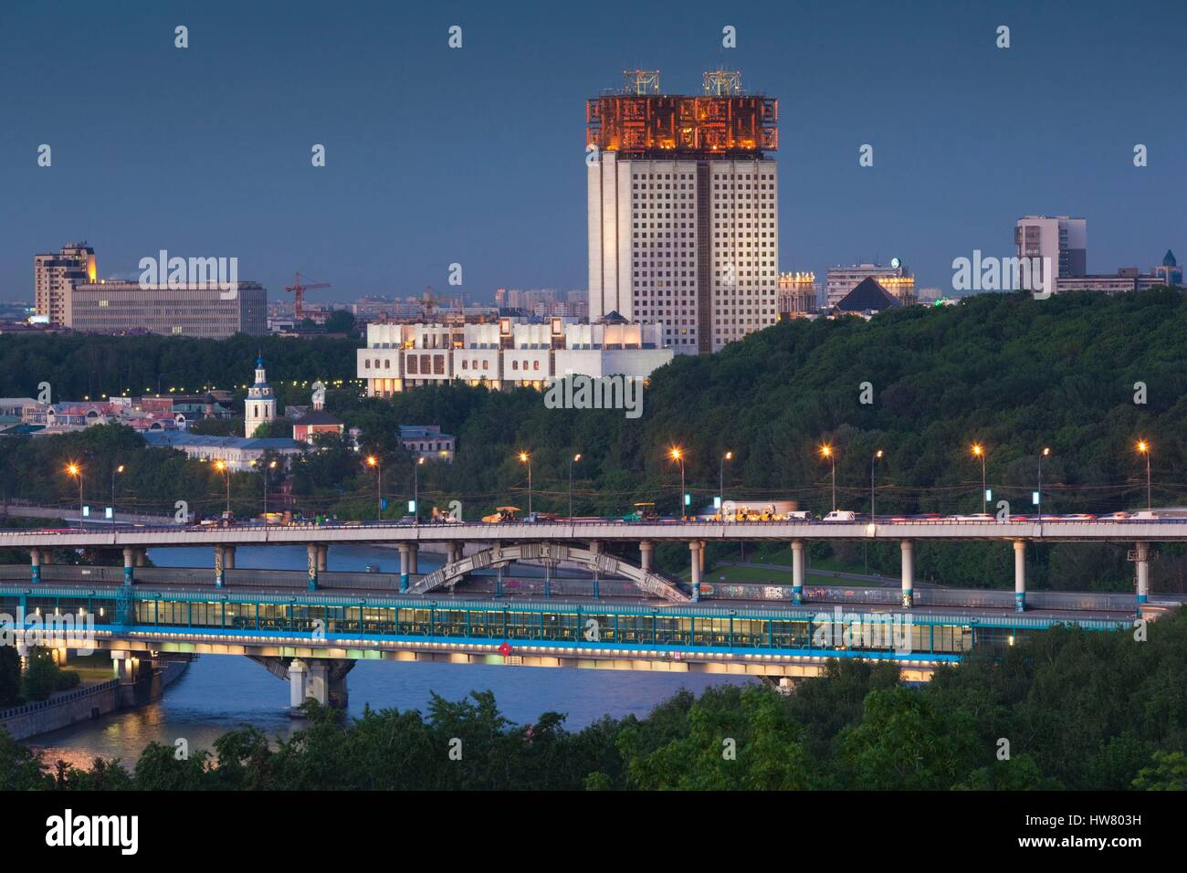 Russia, Moscow, Sparrow Hills-area, elevated city view with the Russian Academy of Sciences, RAN, building, dusk Stock Photo