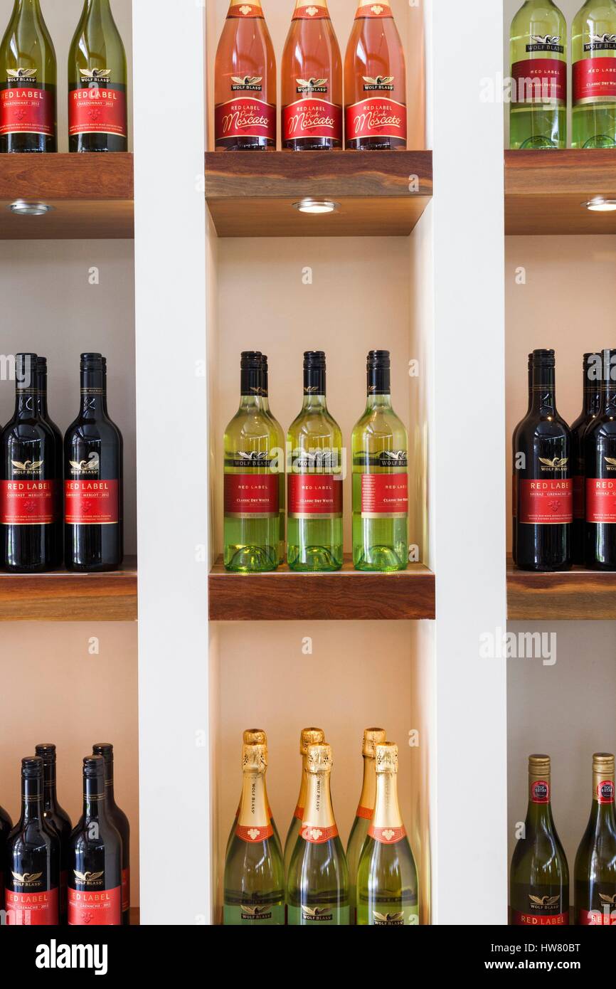 Australia, South Australia, Barossa Valley, Nuriootpa, Wolf Blass Winery, wine bottles Stock Photo