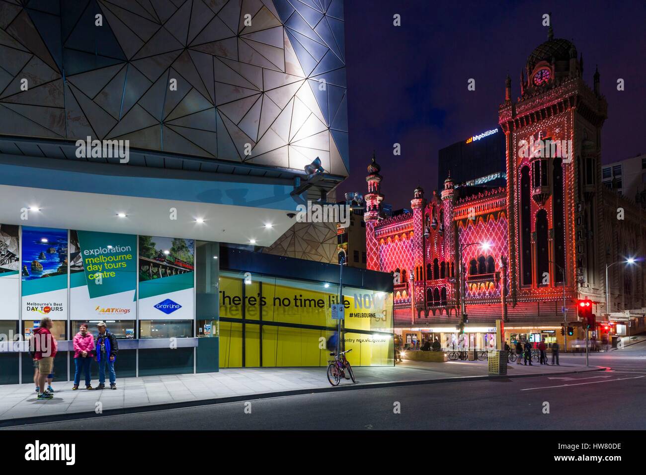 Australia, Victoria, Melbourne, White Nights Festival, buildings lit with projected laser designs, Federation Square and Forum Theater Stock Photo