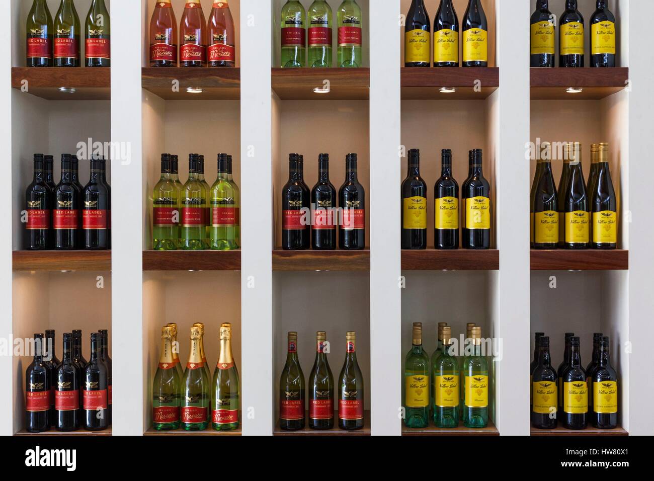 Australia, South Australia, Barossa Valley, Nuriootpa, Wolf Blass Winery, wine bottles Stock Photo