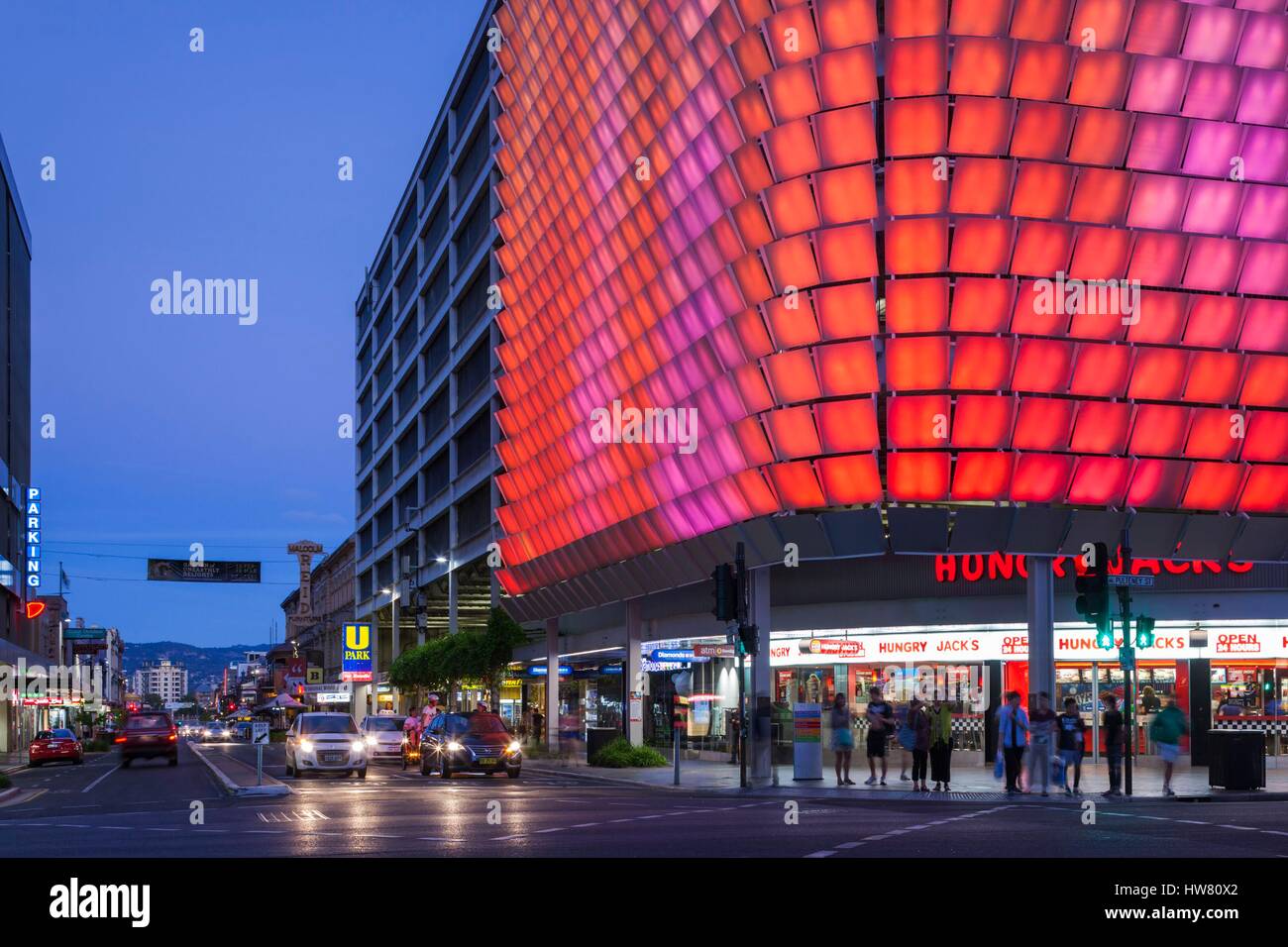 Australia, South Australia, Adelaide, Rundle Street, The Rundle Lantern, LED panel board, evening Stock Photo