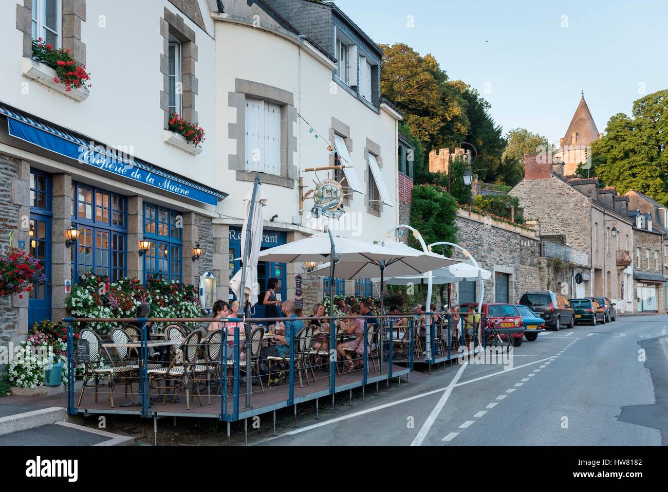 France, Morbihan, Josselin, terrace along the canal Nantes to Brest