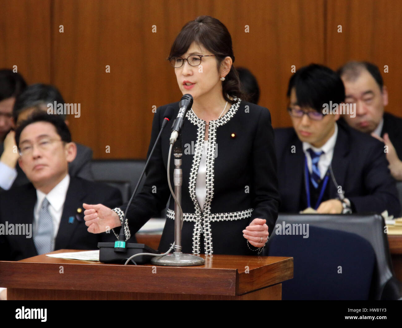 Tokyo, Japan. 17th Mar, 2017. Japanese Defense Minister Tomomi Inada answers a question by an opposition lawmaker at the Lower House's foreign affairs committee session at the National Diet in Tokyo on Friday, March 17, 2017. Inada ordered the inspector to investigate fresh allegations over the ministrys institutional coverup of daily activity logs of the Ground Self-Defense Forces in South Sudan. Credit: Yoshio Tsunoda/AFLO/Alamy Live News Stock Photo