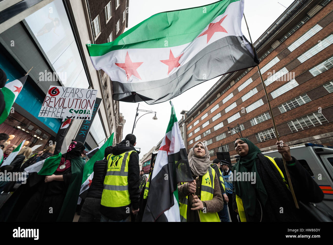 London, UK. 18th March, 2017. British Syrians and supporters march through central London for 6th Anniversary of the Syrian Revolution © Guy Corbishley/Alamy Live News Stock Photo