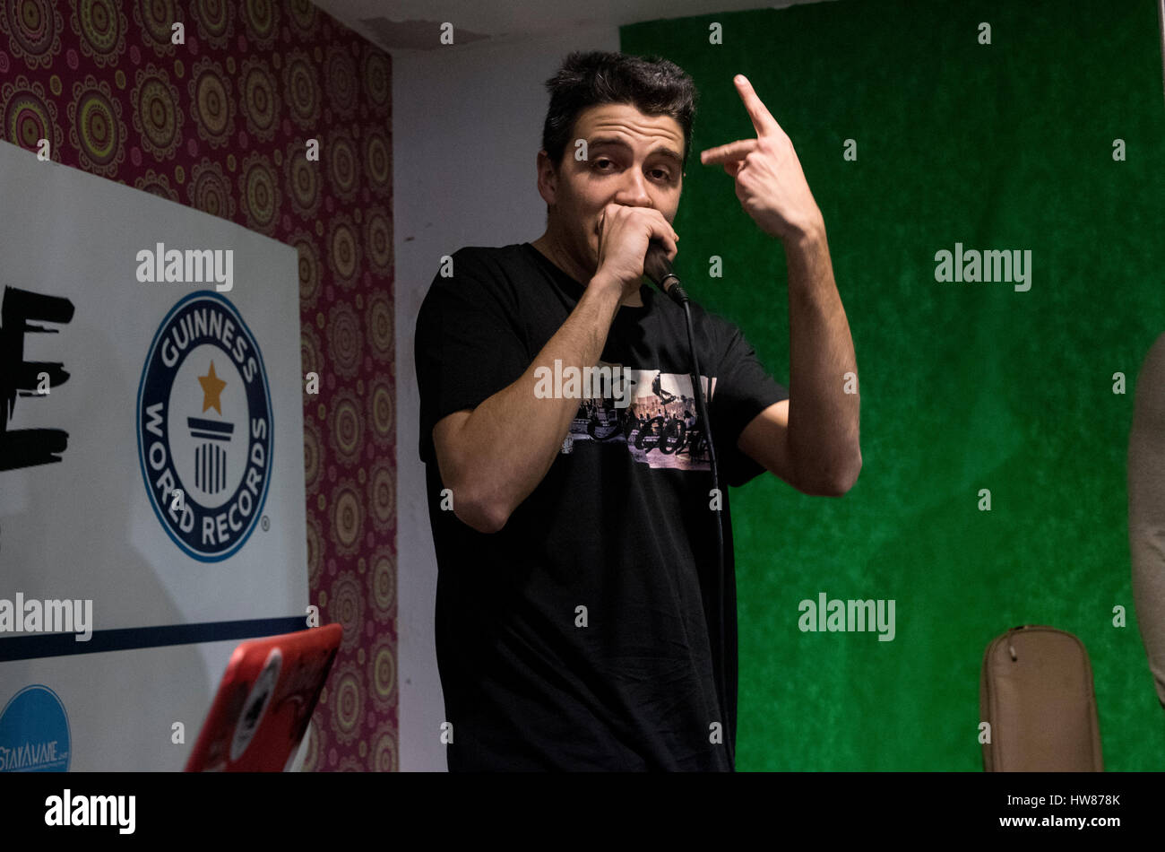 Savigliano, Italy, 18 march 2017. Italian rapper Shame tries to beat the 24 hour freestyle Guinnes world record at 28 lab concept store Credit: Alberto Gandolfo/Alamy Live News Stock Photo