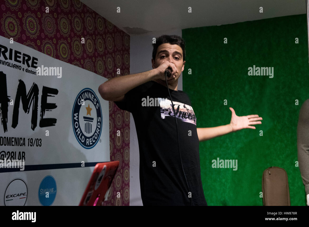 Savigliano, Italy, 18 march 2017. Italian rapper Shame tries to beat the 24 hour freestyle Guinnes world record at 28 lab concept store Credit: Alberto Gandolfo/Alamy Live News Stock Photo
