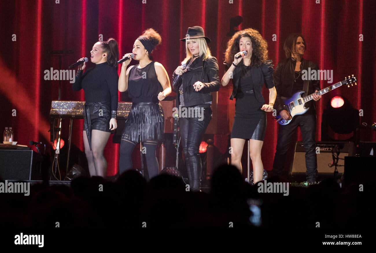 Singer Sarah Connor (3rd l) and other singers perform during a concert at the Mercedes-Benz-Arena in Berlin, Germany, 18 March 2017. Photo: Jörg Carstensen/dpa Stock Photo