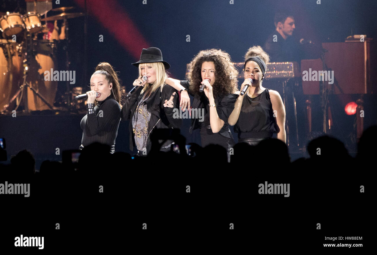 Singer Sarah Connor (2nd l) and other singers perform during a concert at the Mercedes-Benz-Arena in Berlin, Germany, 18 March 2017. Photo: Jörg Carstensen/dpa Stock Photo