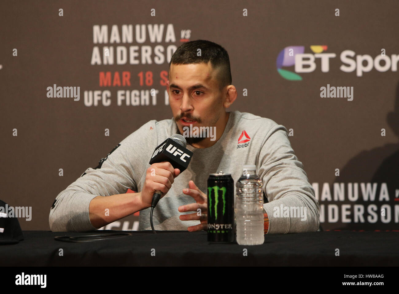 O2 Arena , London, England. 18 March 2017. Marlon Vera takes questions from the press in the post fight press conference during UFC Fight Night 107: London  Credit: Dan Cooke/Alamy Live News Stock Photo