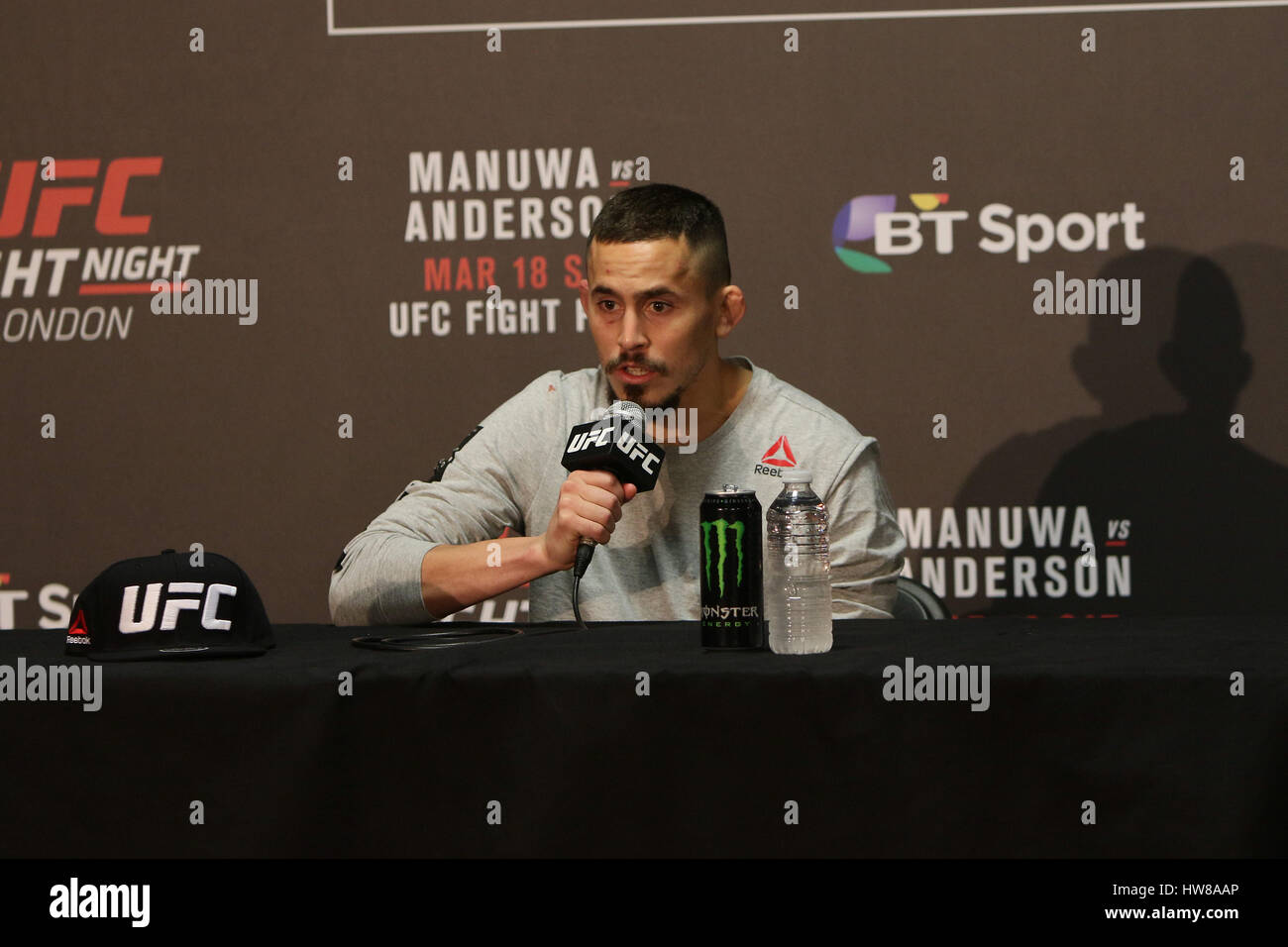 O2 Arena , London, England. 18 March 2017. Marlon Vera takes questions from the press in the post fight press conference during UFC Fight Night 107: London  Credit: Dan Cooke/Alamy Live News Stock Photo