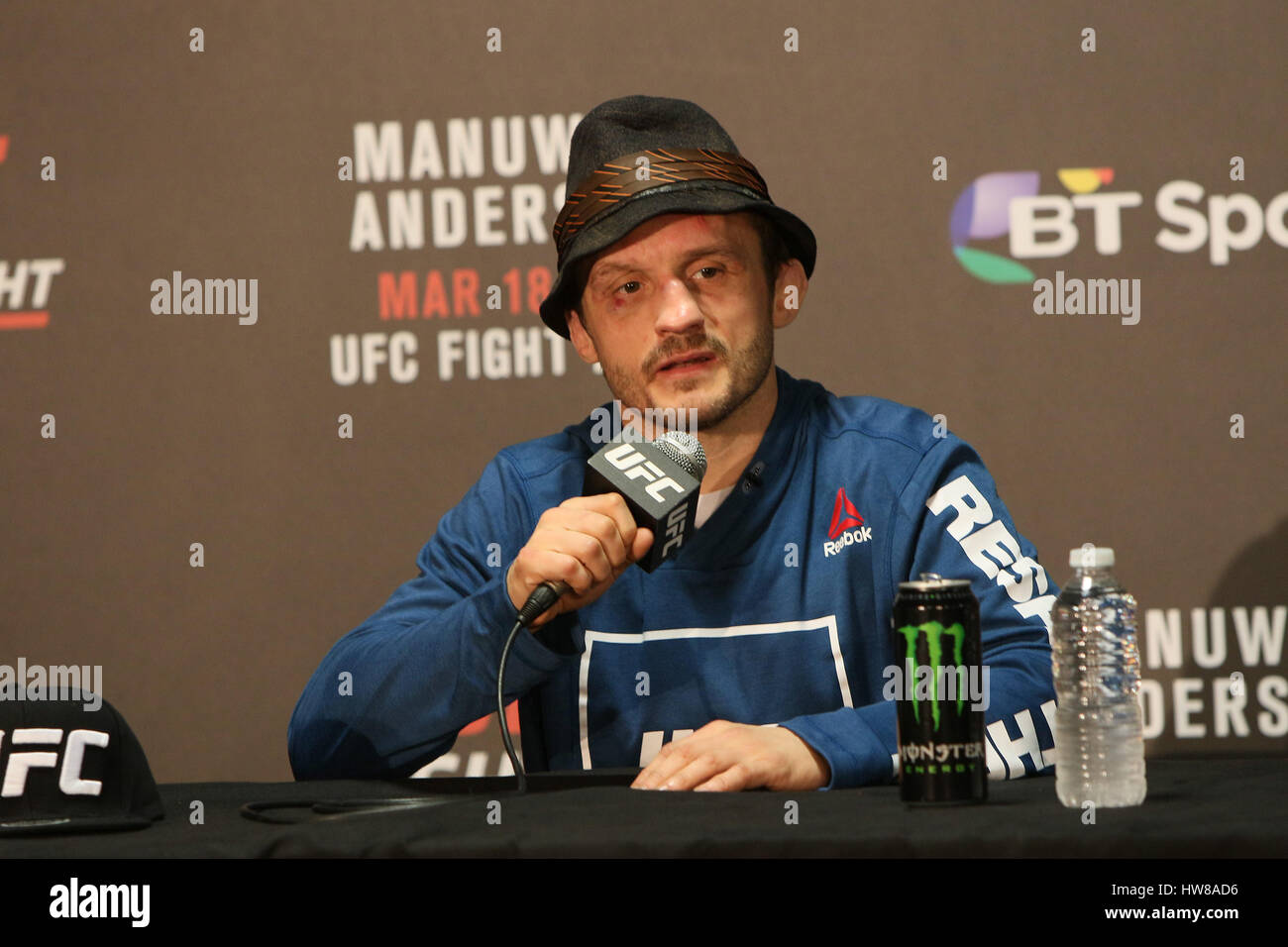 O2 Arena , London, England. 18 March 2017. Brad Pickett takes questions from media as he enters retirement in the post fight press conference  during UFC Fight Night 107: London  Credit: Dan Cooke/Alamy Live News Stock Photo