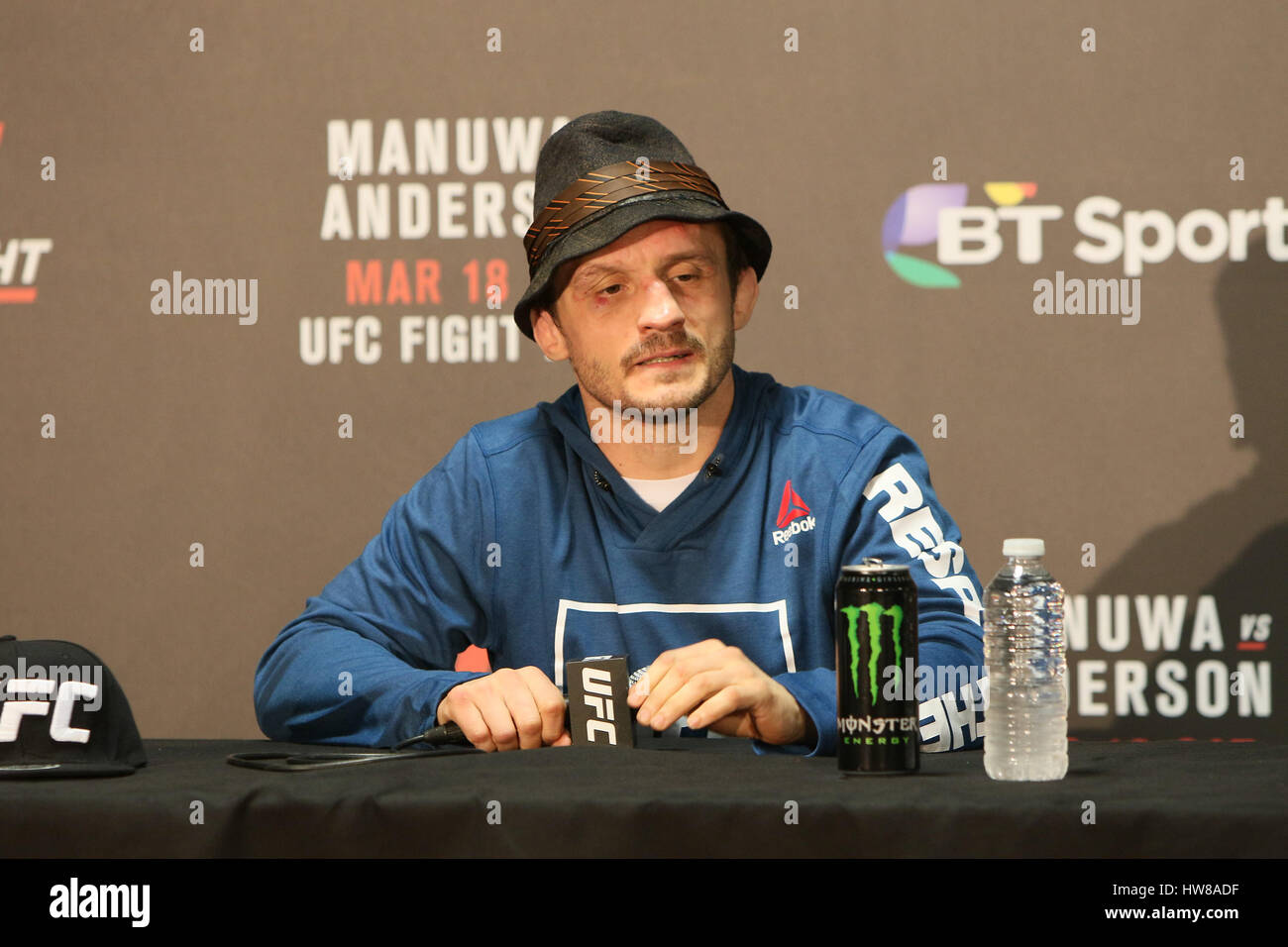 O2 Arena , London, England. 18 March 2017. Brad Pickett takes questions from media as he enters retirement in the post fight press conference  during UFC Fight Night 107: London  Credit: Dan Cooke/Alamy Live News Stock Photo