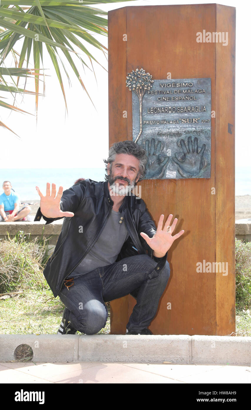 March 18, 2017 - The award-winning Leonardo Sbaraglia has left his stamp stamped on a monolith on the Paseo MarÃtimo Antonio Banderas in Malaga on the occasion of his visit to Malaga for the 20th edition of the Spanish Film Festival Credit: Fotos Lorenzo Carnero/ZUMA Wire/Alamy Live News Stock Photo