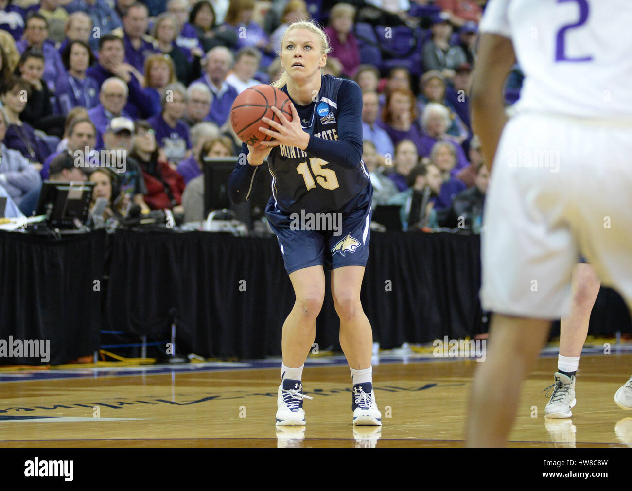 Seattle, WA, USA. 18th Mar, 2017. Montana State guard Riley Nordgaard (15) lines up a three point shot attempt during a NCAA first round women's game between the Montana State Bobcats and the Washington Huskies. The game was played at Hec Ed Pavilion on the University of Washington campus in Seattle, WA. Jeff Halstead/CSM/Alamy Live News Stock Photo