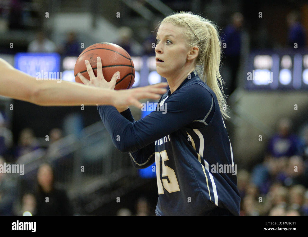 Seattle, WA, USA. 18th Mar, 2017. Montana State guard Riley Nordgaard (15) in action during a NCAA first round women's game between the Montana State Bobcats and the Washington Huskies. The game was played at Hec Ed Pavilion on the University of Washington campus in Seattle, WA. Jeff Halstead/CSM/Alamy Live News Stock Photo