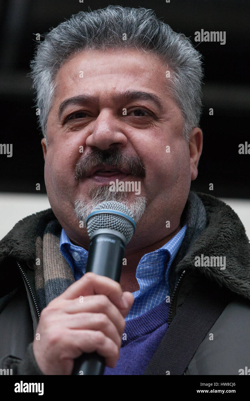 London, UK. 18th March, 2017. Dashty Jamal of the Iraqi Federation of Refugees addresses thousands of demonstrators representing many different anti-racist groups taking part in the March Against Racism. The march was timed to take place as close as possible to the UN International Day for the Elimination of Racial Discrimination. Credit: Mark Kerrison/Alamy Live News Stock Photo