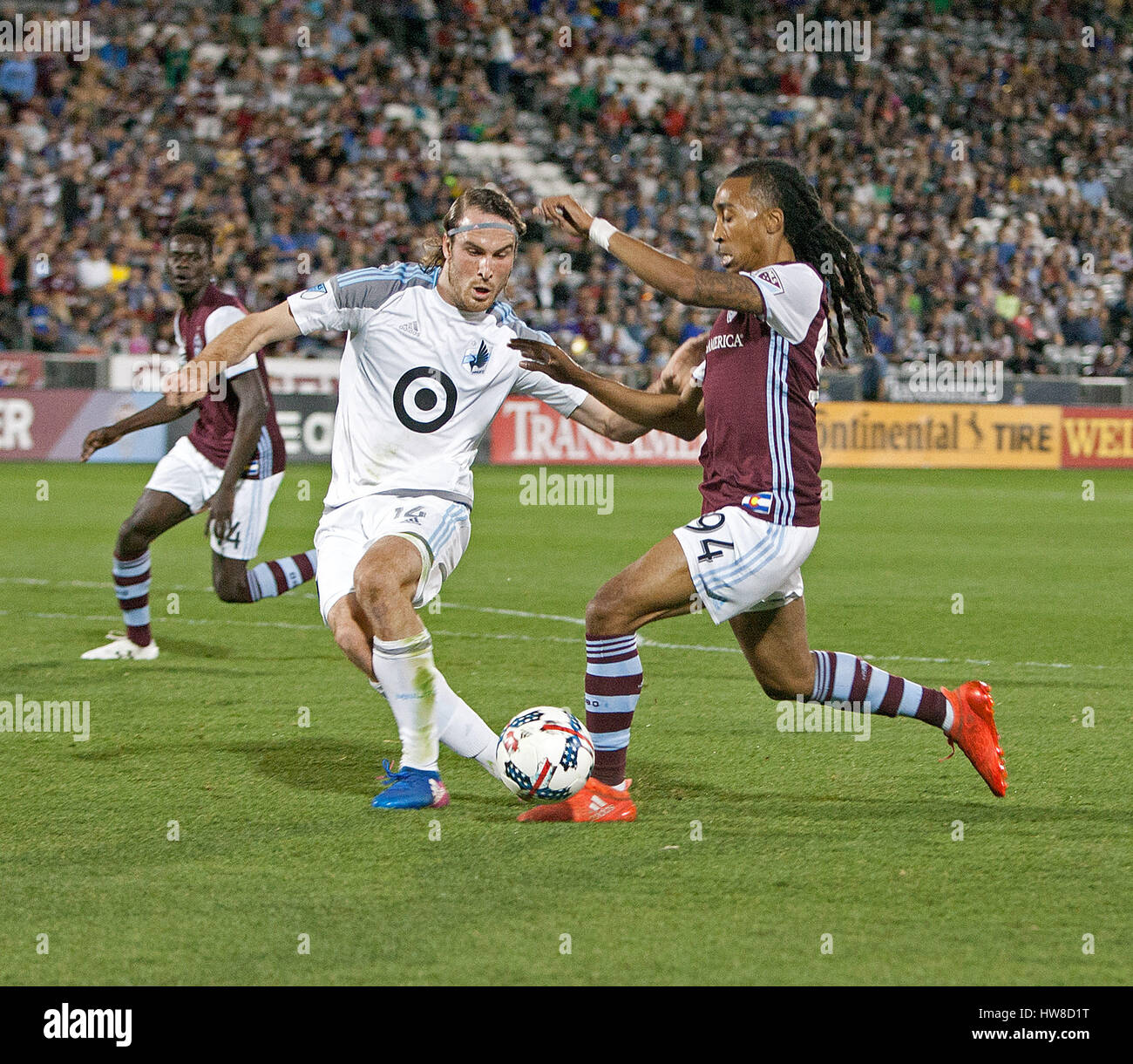 Commerce City, Colorado, USA. 18th Mar, 2017. Rapids MARION HAILSTONE, right, battles with Minnesota's BRENT KALLMAN, left, as he makes a run to the goal during the 1st. Half at Dicks Sporting Goods Park Sat. night. The Rapids draw 2-2 to Minnesota United FC. Credit: Hector Acevedo/ZUMA Wire/Alamy Live News Stock Photo