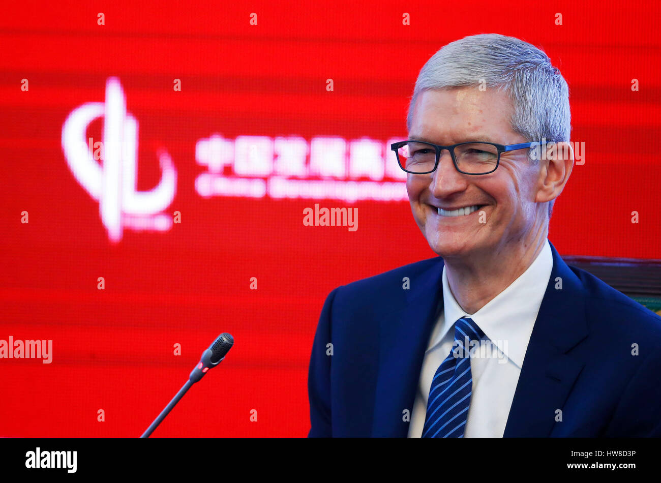 Beijing, China. 18th Mar, 2017. Apple CEO Tim Cook addresses the economic summit of the China Development Forum 2017 in Beijing, capital of China, March 18, 2017. The three-day China Development Forum 2017 opened here on Saturday. Credit: Cai Yang/Xinhua/Alamy Live News Stock Photo