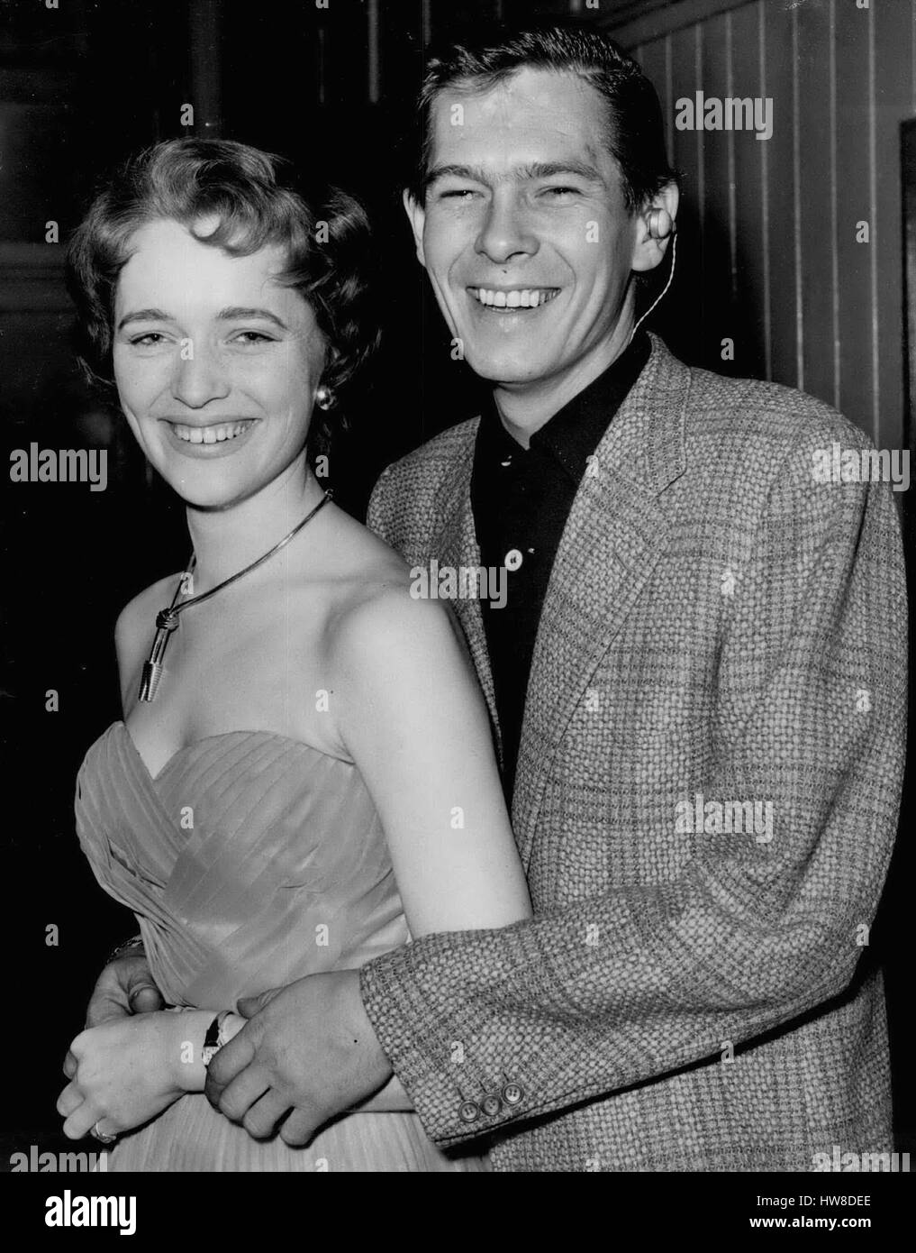 May 05, 1953 - Johnnie Ray Engaged: The famous American Crooner, Johnnie Ray, has announced his engagement to 21- year old singer, Sylvia Drew, of Wimbledon- a vocalist with Vic Lewis's band- which is appearing with Johnnie Ray on his British tour. Johnnie Ray opens this evening at the Birmingham Hippodrome. Picture Shows: Johnnie Ray photographed with Sylvia Drew, to whom he has become engaged. (Credit Image: © Keystone Press Agency/Keystone USA via ZUMAPRESS.com) Stock Photo