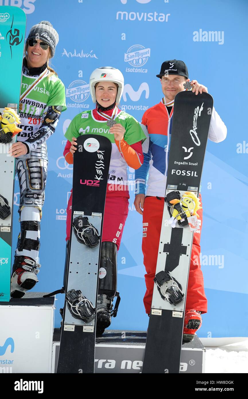 Sierra Nevada, Spain. 16th Mar, 2017. (L-R) Ekaterina Tudegesheva (RUS), Nevin Galmarini (SUI) Snowboarding : Bronze medalists Ekaterina Tudegesheva of Russia and Nevin Galmarini of Switzerland pose with their medals during the medal ceremony for the 2017 FIS Snowboard World Championships Men's and Women's Parallel Giant Slalom in Sierra Nevada, Spain . Credit: Hiroyuki Sato/AFLO/Alamy Live News Stock Photo
