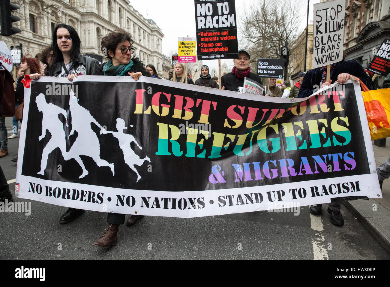 London, UK. 18th March, 2017. Thousands of demonstrators representing many different anti-racist groups take part in the March Against Racism through the centre of London. The march was timed to take place as close as possible to the UN International Day for the Elimination of Racial Discrimination. Credit: Mark Kerrison/Alamy Live News Stock Photo