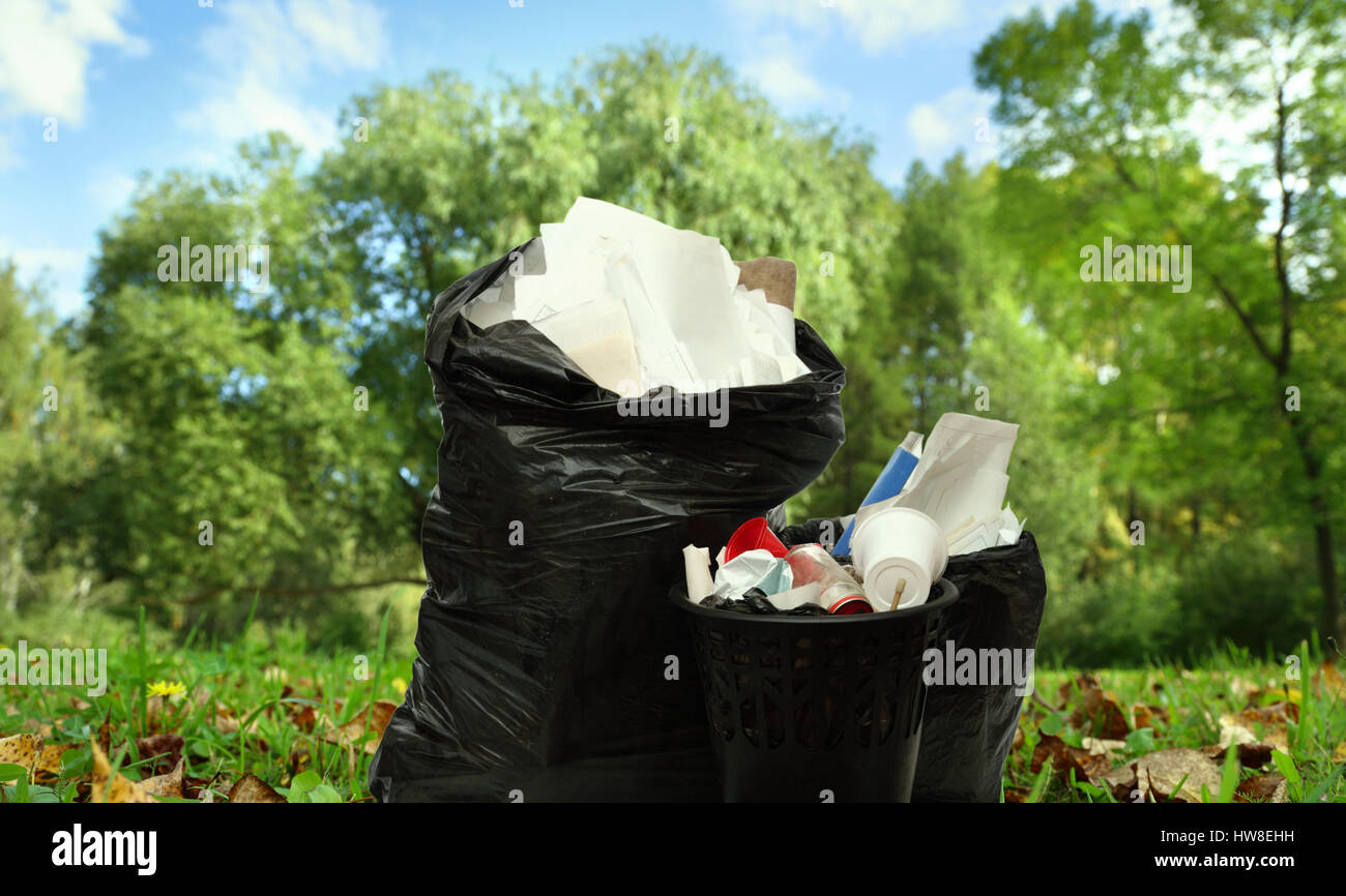 Black plastic bag with gardening waste and gloves in UK garden Stock Photo  - Alamy