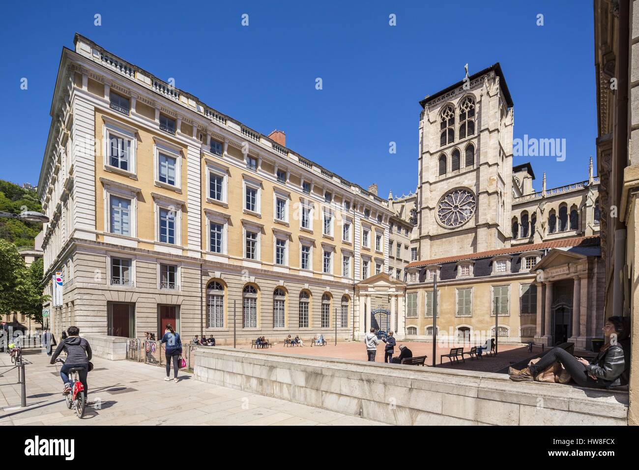 France, Rhone, Lyon, historical site listed as World Heritage by UNESCO, Vieux Lyon (Old Town), the southwest tower of St Jean cathedral and St Jean Palace courtyard which houses the library Stock Photo