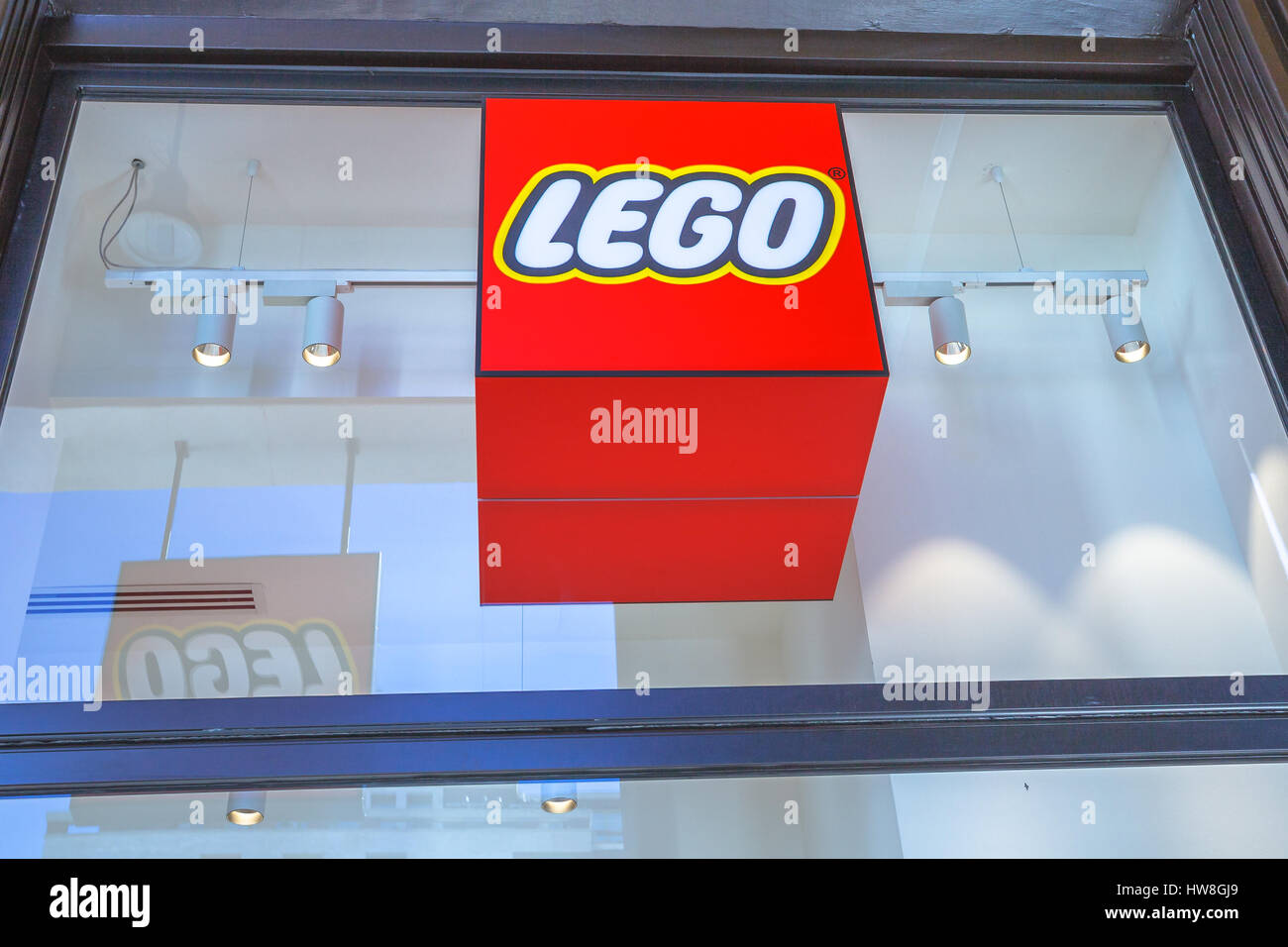 Milan, Italy - March 7, 2017: Logo of Lego Store of Milano. In Piazza San Babila square.It is a line of plastic construction toys that are manufacture Stock Photo