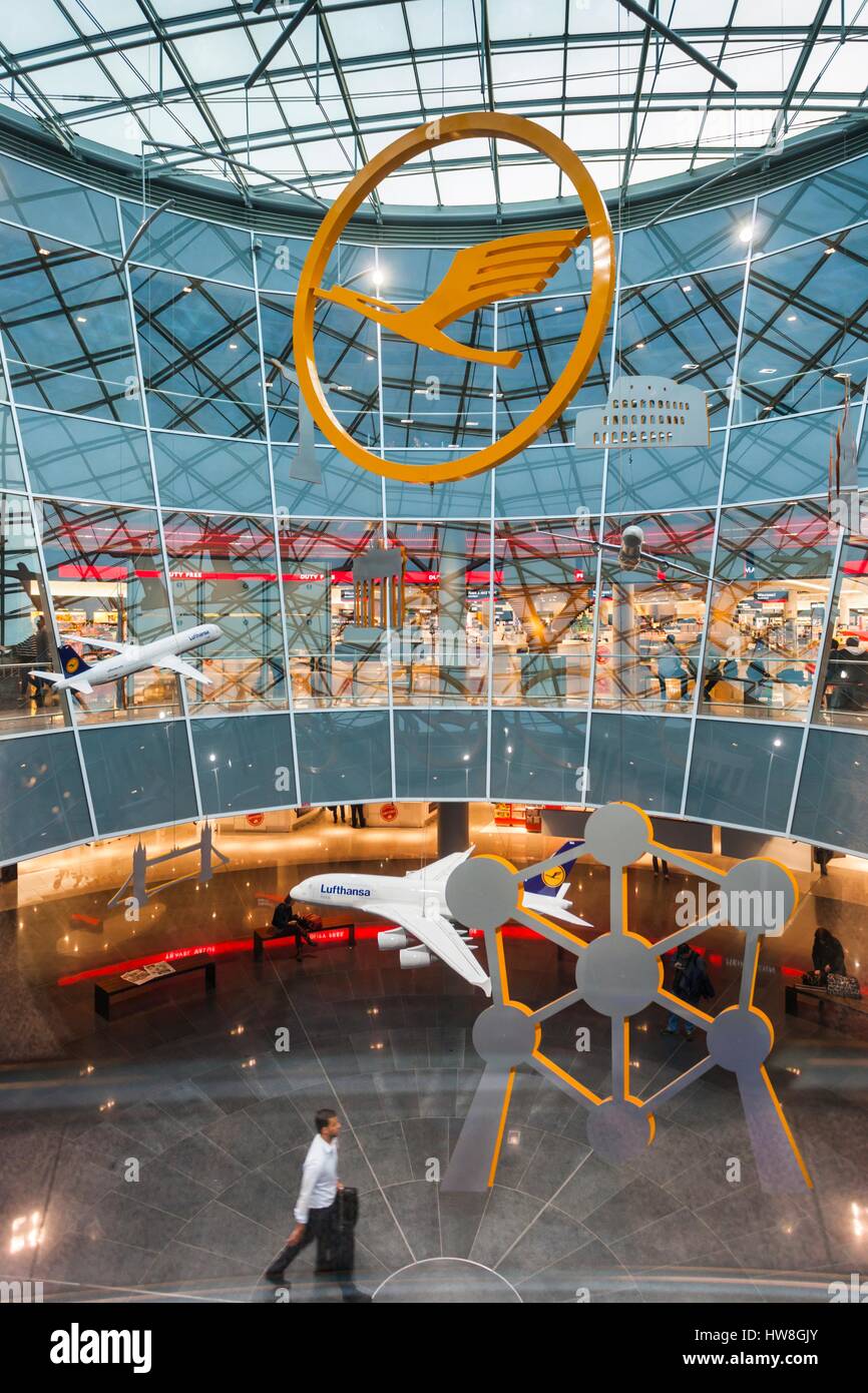 Germany, Frankfurt Am Main, Terminal 1 at Frankfurt International Airport, lobby area with art of world destinations Stock Photo