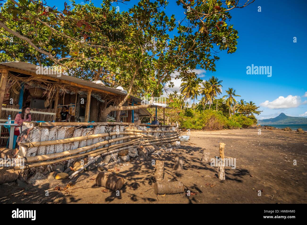 France, Mayotte island (French overseas department), Grande Terre, Mayotte Restaurant Tahiti Beach, Mount Choungui background Stock Photo