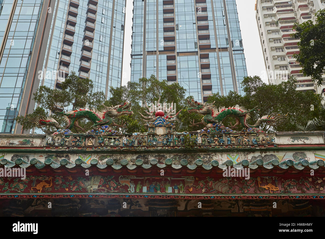 The Historic Tin Hau Temple And The Hong Kong Skyline Behind. Stock Photo