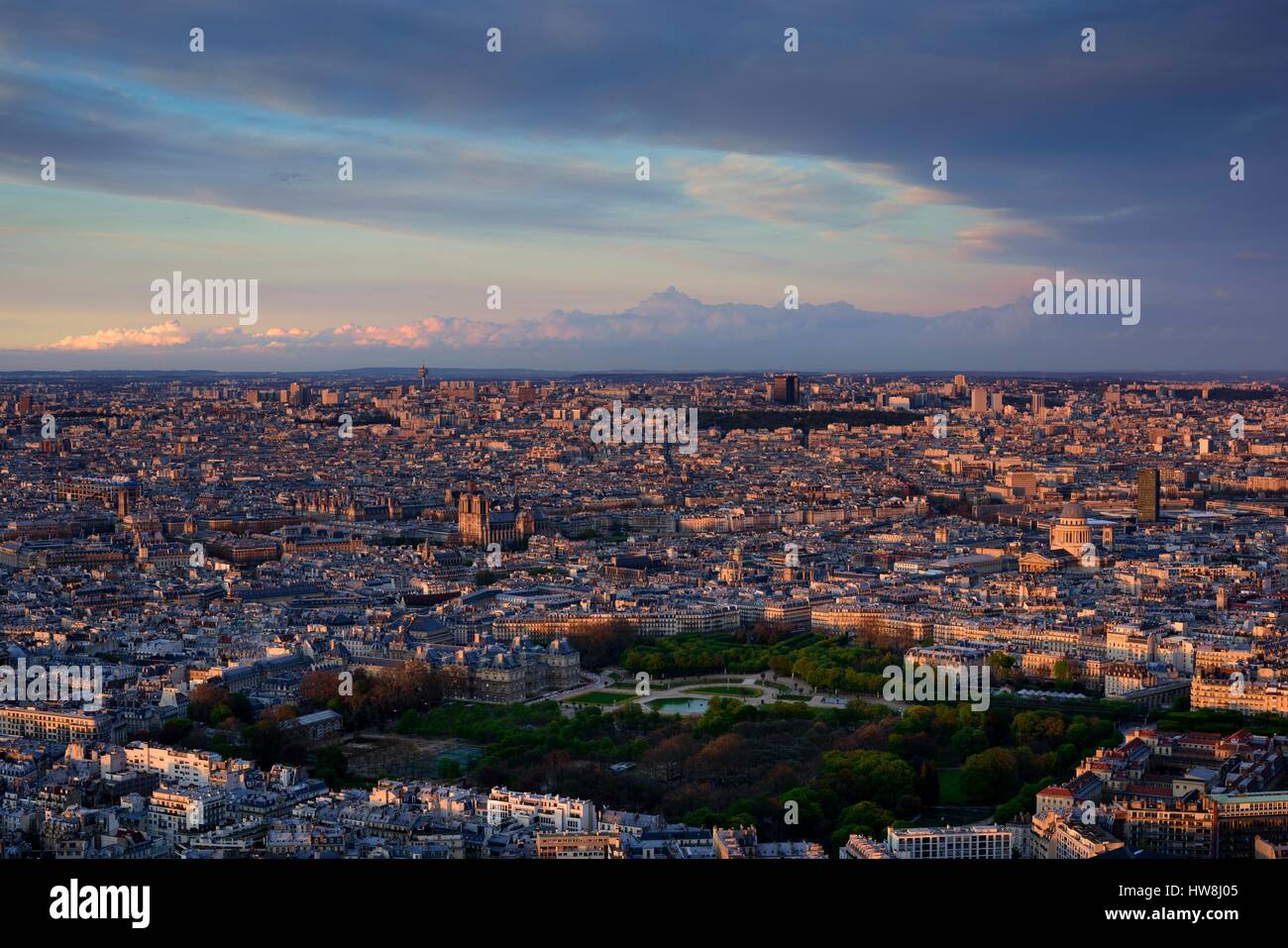 France, Paris, a rainbow of the the jardin du Luxembourg and the Pantheon, Hotel de Ville, Notre Dame de Paris and the Centre Beaubourg in the background (aerial view) Stock Photo