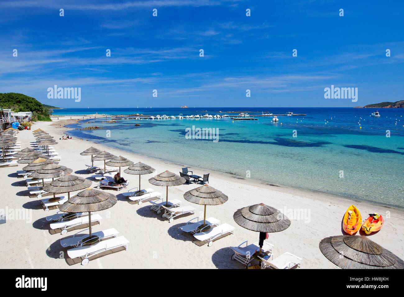 France, Corse du Sud, Zonza, Sainte Lucie de Porto Vecchio, Pinarello hotel beach Stock Photo
