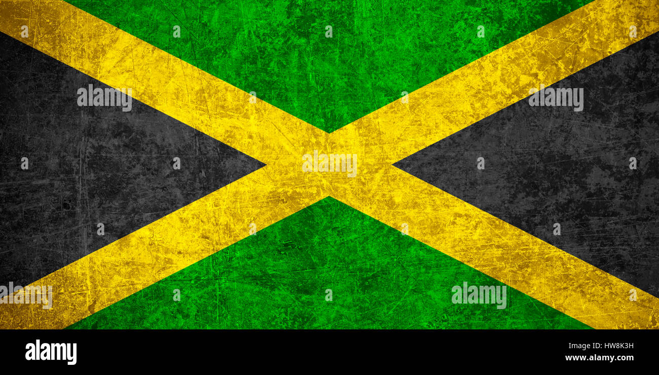 flag of Jamaica or Jamaican banner on scratched vintage texture Stock Photo