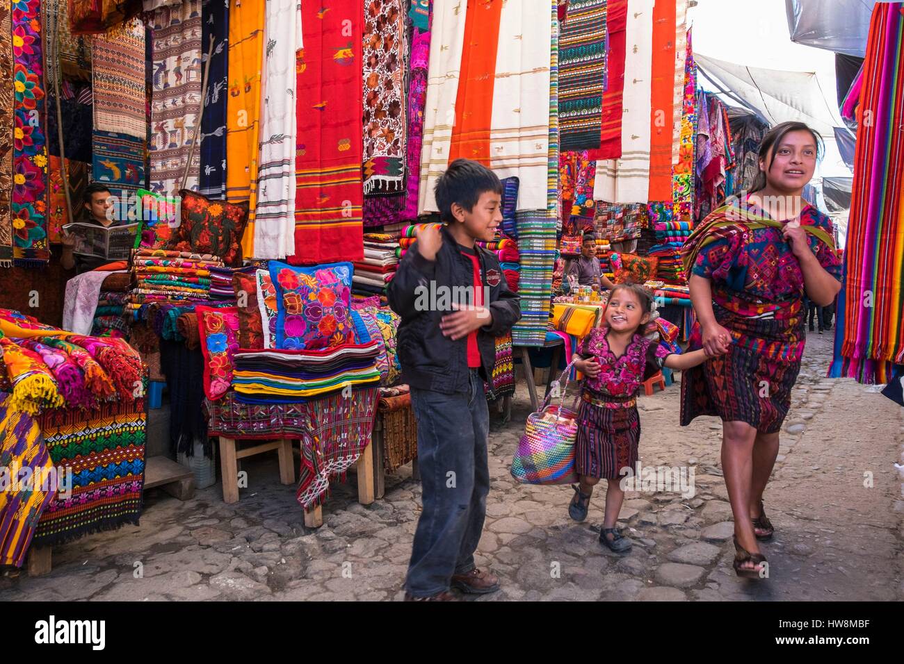 Guatemala, Quiche department, Chichicastenango, sunday market, colourful fabric Stock Photo
